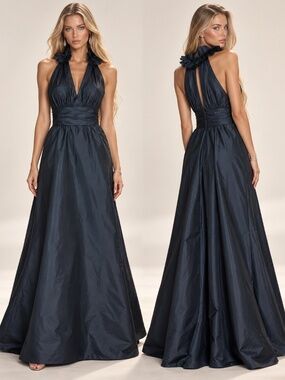 Jim Hjelm Black Halter Formal Gown 12 Y2K Gothic Ruffle Taffeta